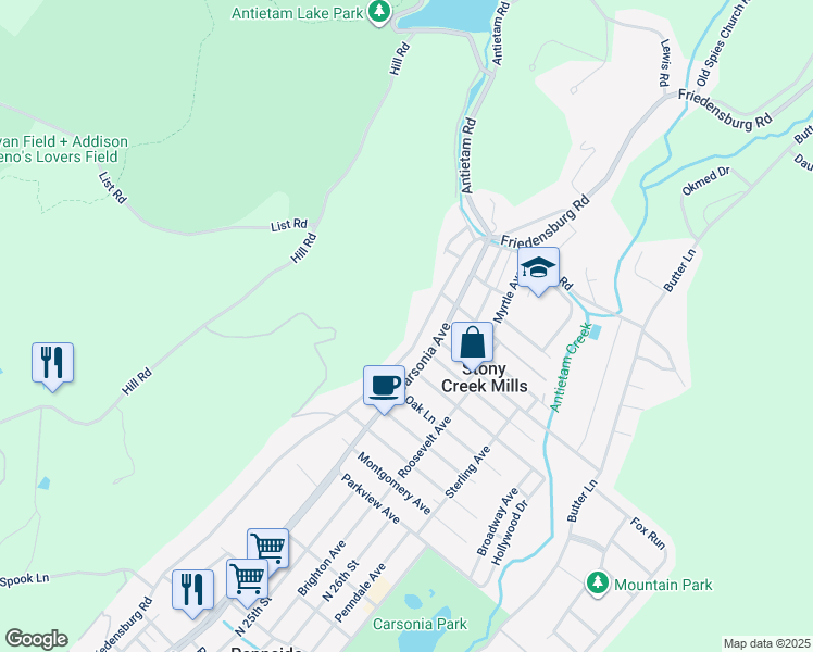 map of restaurants, bars, coffee shops, grocery stores, and more near 1350 Friedensburg Road in Reading