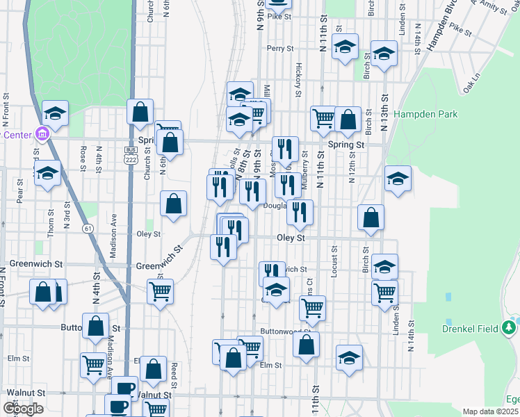 map of restaurants, bars, coffee shops, grocery stores, and more near 741 North 9th Street in Reading
