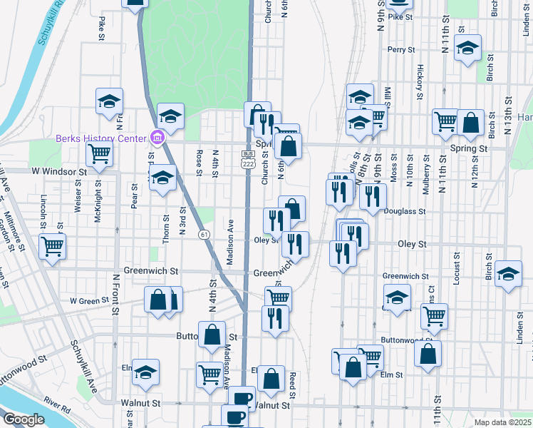 map of restaurants, bars, coffee shops, grocery stores, and more near 715 North 5th Street in Reading