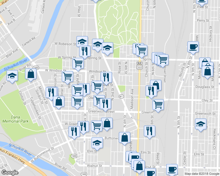 map of restaurants, bars, coffee shops, grocery stores, and more near 735 North 3rd Street in Reading