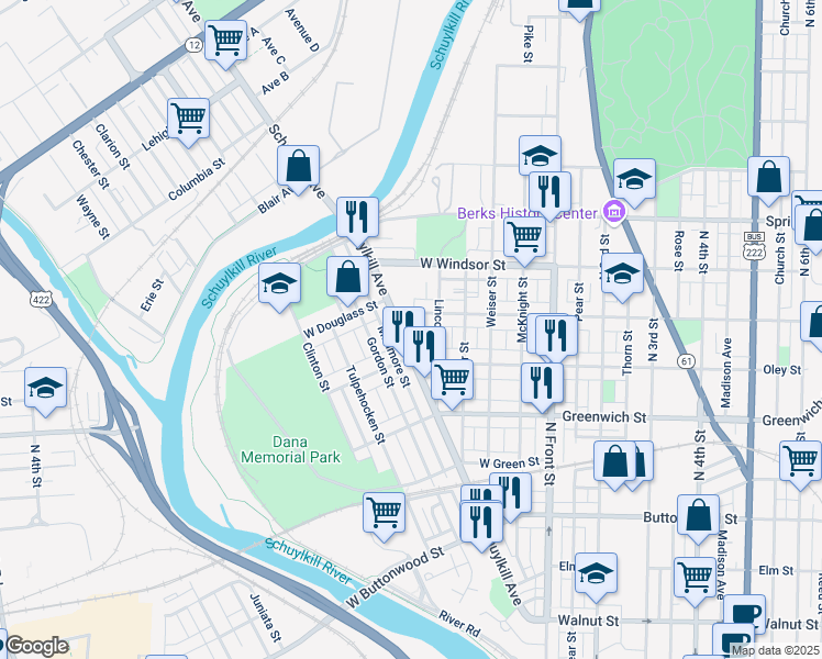 map of restaurants, bars, coffee shops, grocery stores, and more near 323 Hollenbach Street in Reading