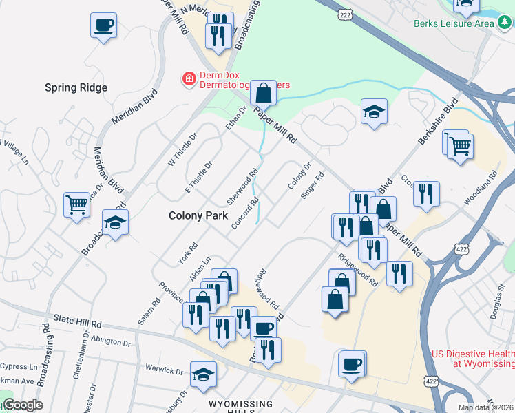map of restaurants, bars, coffee shops, grocery stores, and more near 1604 Colony Drive in Wyomissing