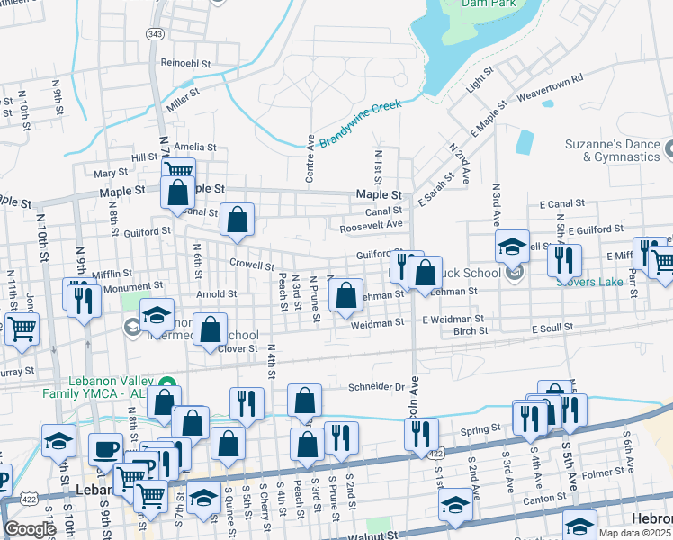 map of restaurants, bars, coffee shops, grocery stores, and more near 120 Mifflin Street in Lebanon