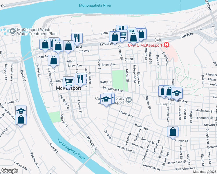 map of restaurants, bars, coffee shops, grocery stores, and more near 626 Versailles Avenue in McKeesport