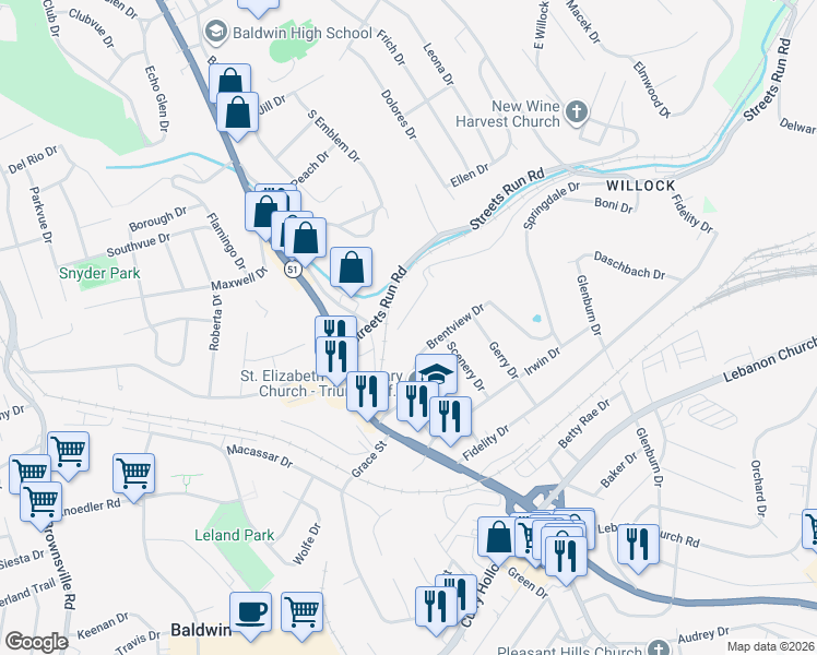 map of restaurants, bars, coffee shops, grocery stores, and more near 526 Missionary Drive in Pittsburgh