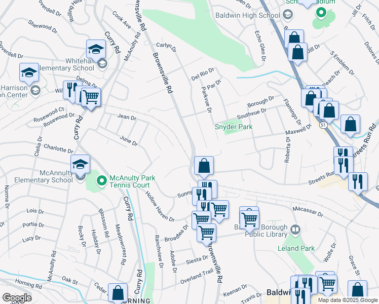 map of restaurants, bars, coffee shops, grocery stores, and more near 5073 Brownsville Road in Pittsburgh