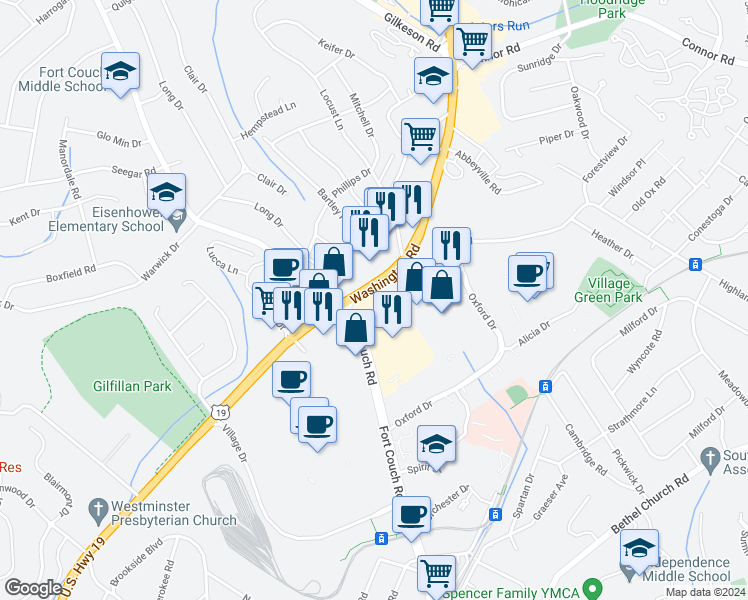 map of restaurants, bars, coffee shops, grocery stores, and more near 1725 U.S. 19 in Pittsburgh