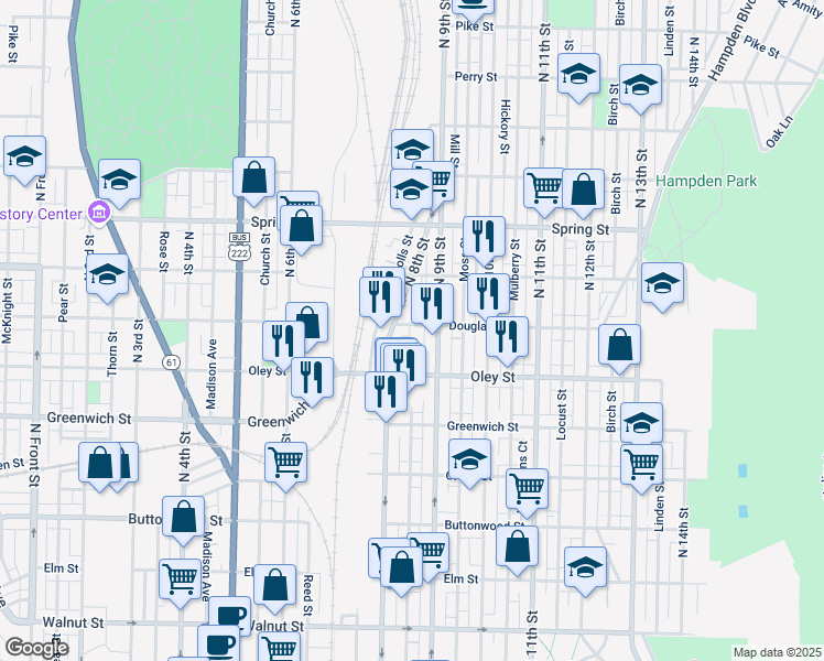 map of restaurants, bars, coffee shops, grocery stores, and more near 756 Lance Place in Reading