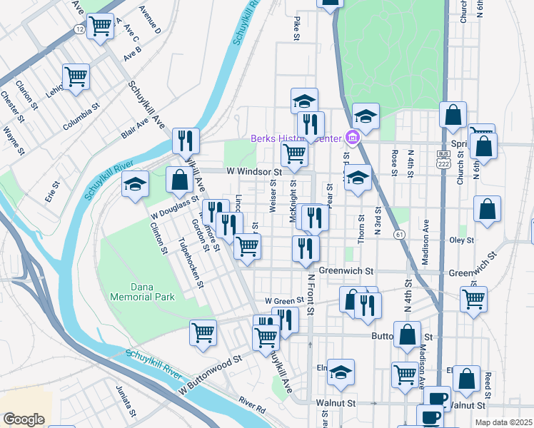 map of restaurants, bars, coffee shops, grocery stores, and more near 744 Weiser Street in Reading