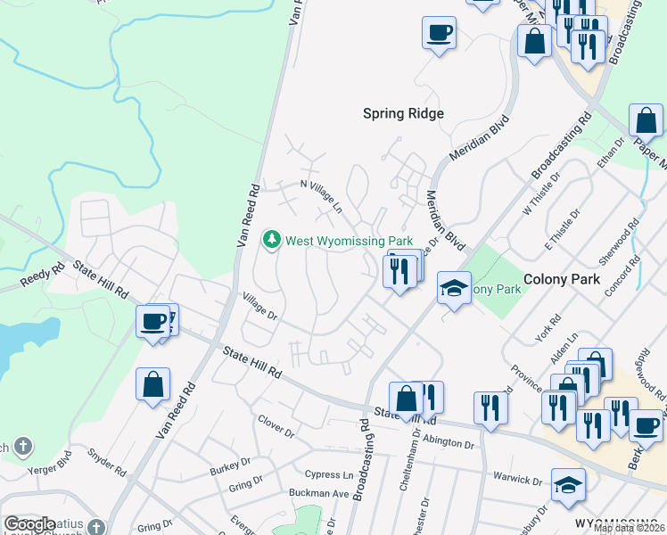 map of restaurants, bars, coffee shops, grocery stores, and more near 115 Coventry Lane in Wyomissing