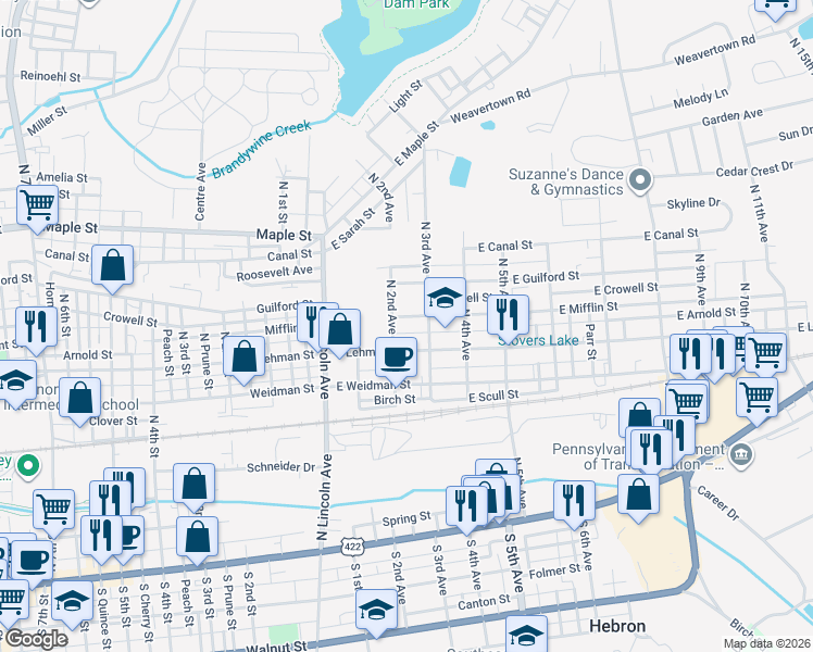 map of restaurants, bars, coffee shops, grocery stores, and more near 436 North 2nd Avenue in Lebanon