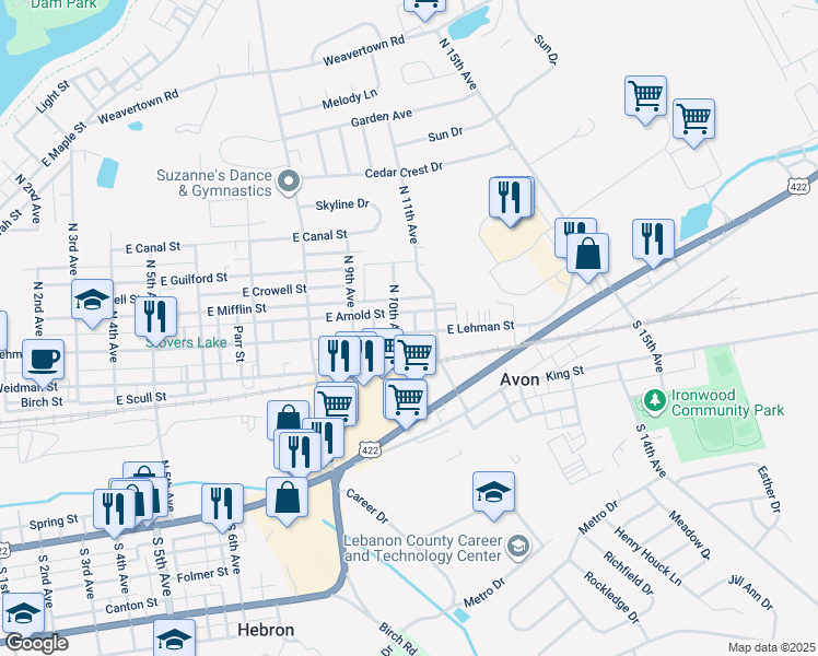 map of restaurants, bars, coffee shops, grocery stores, and more near 1011 East Lehman Street in Lebanon