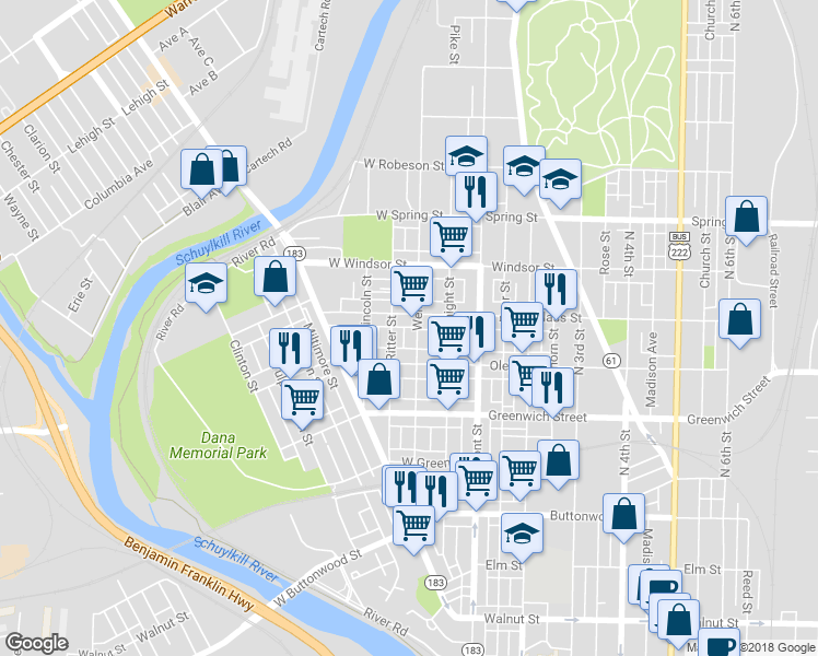map of restaurants, bars, coffee shops, grocery stores, and more near 744 Weiser Street in Reading