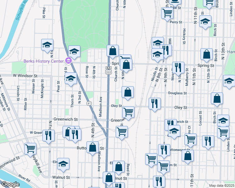 map of restaurants, bars, coffee shops, grocery stores, and more near 746 North 6th Street in Reading