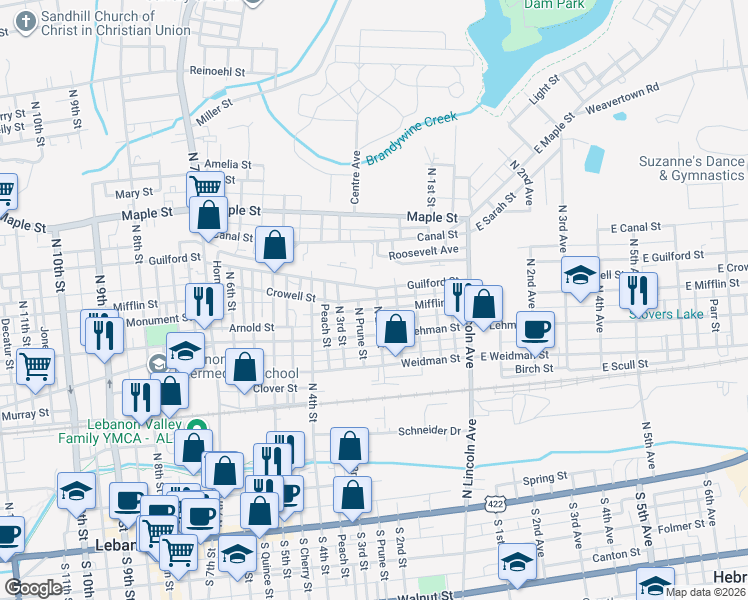 map of restaurants, bars, coffee shops, grocery stores, and more near 217 Mifflin Street in Lebanon