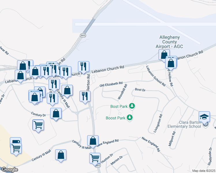 map of restaurants, bars, coffee shops, grocery stores, and more near 305 Meadowlark Lane in West Mifflin