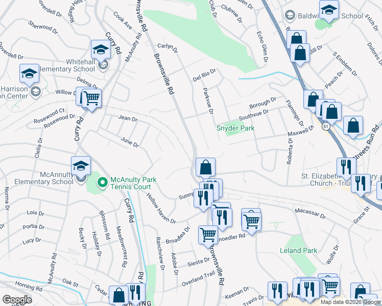 map of restaurants, bars, coffee shops, grocery stores, and more near 5073 Brownsville Road in Pittsburgh