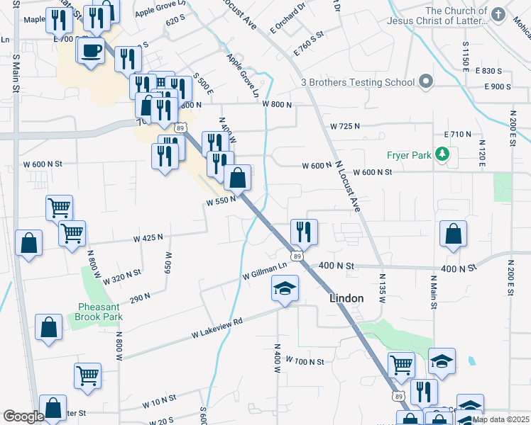 map of restaurants, bars, coffee shops, grocery stores, and more near 532 North State Street in Lindon