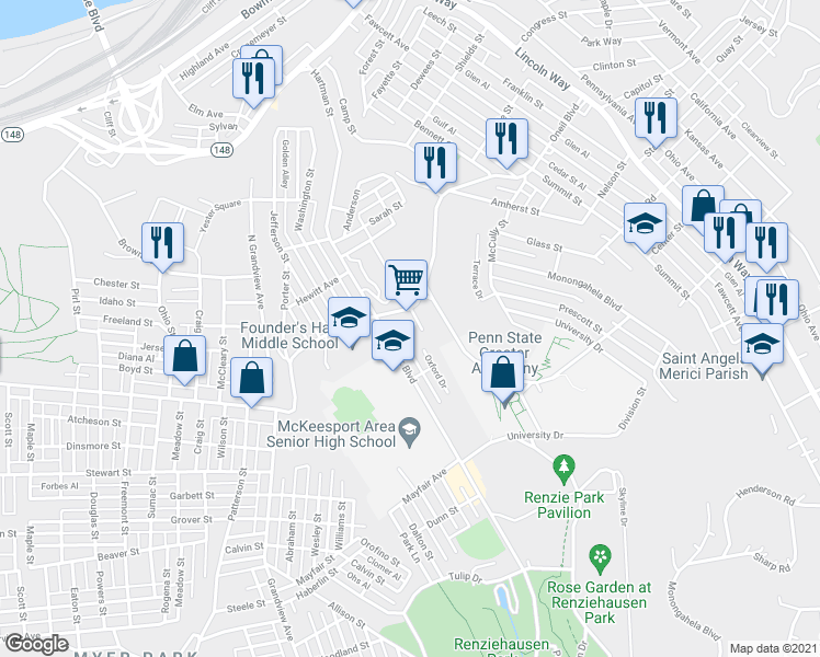 map of restaurants, bars, coffee shops, grocery stores, and more near 3812 Oneil Boulevard in McKeesport
