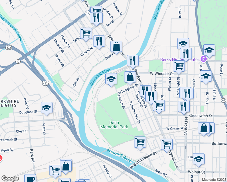 map of restaurants, bars, coffee shops, grocery stores, and more near 820 Clinton Street in Reading