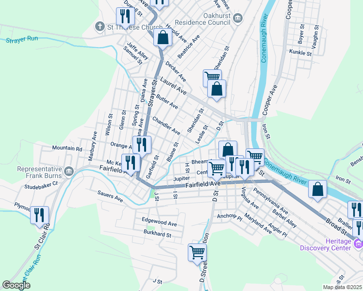 map of restaurants, bars, coffee shops, grocery stores, and more near Seminary Lane in Johnstown