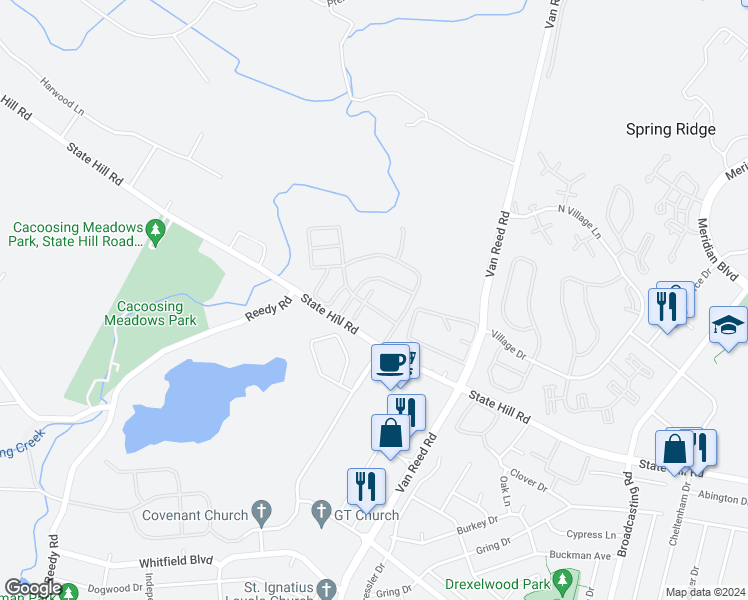 map of restaurants, bars, coffee shops, grocery stores, and more near 212 Springmont Drive in Reading