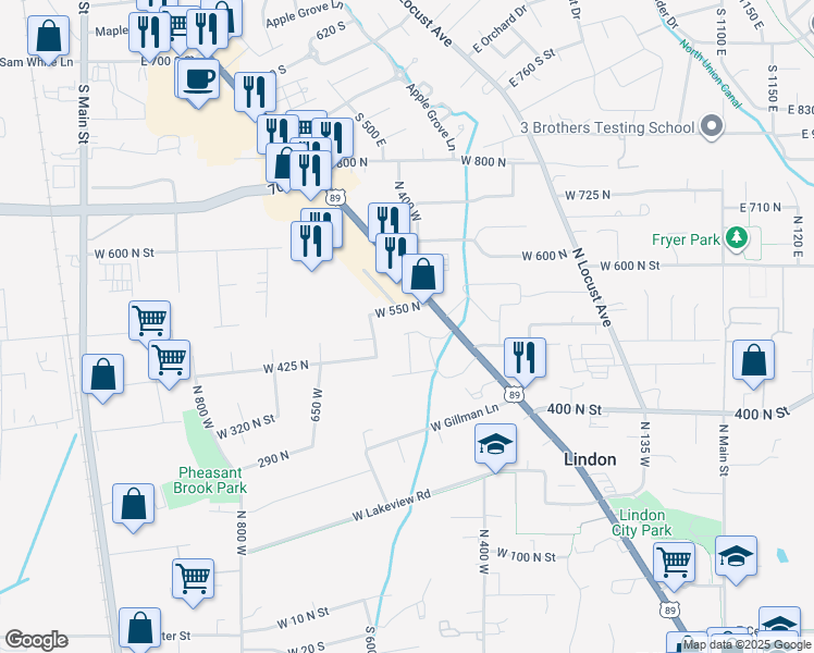 map of restaurants, bars, coffee shops, grocery stores, and more near 472 West 520 North in Lindon