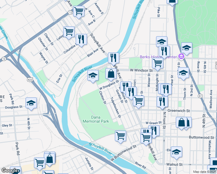 map of restaurants, bars, coffee shops, grocery stores, and more near 446 West Douglass Street in Reading
