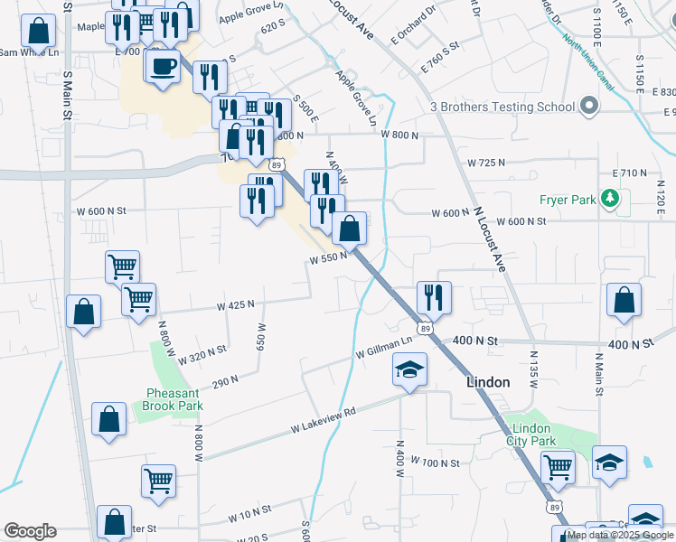 map of restaurants, bars, coffee shops, grocery stores, and more near 468 West 520 North in Lindon