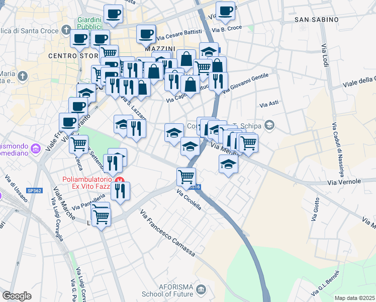 map of restaurants, bars, coffee shops, grocery stores, and more near 9 Via Francesco Patitari in Lecce