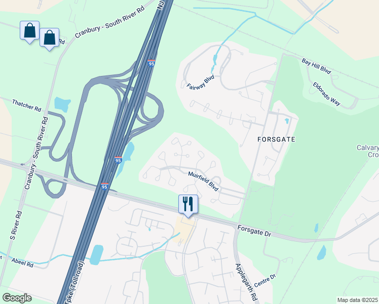 map of restaurants, bars, coffee shops, grocery stores, and more near 6 Tryall Boulevard in Monroe Township