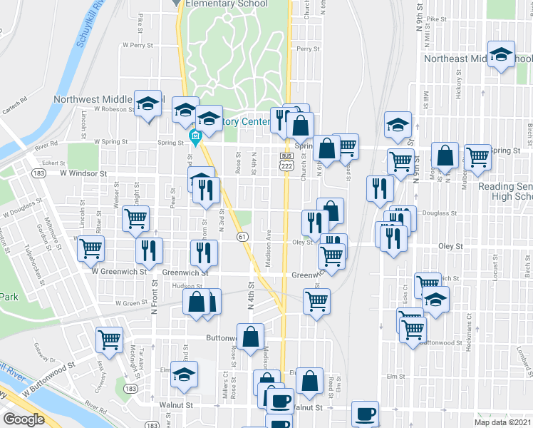 map of restaurants, bars, coffee shops, grocery stores, and more near 733 Madison Avenue in Reading