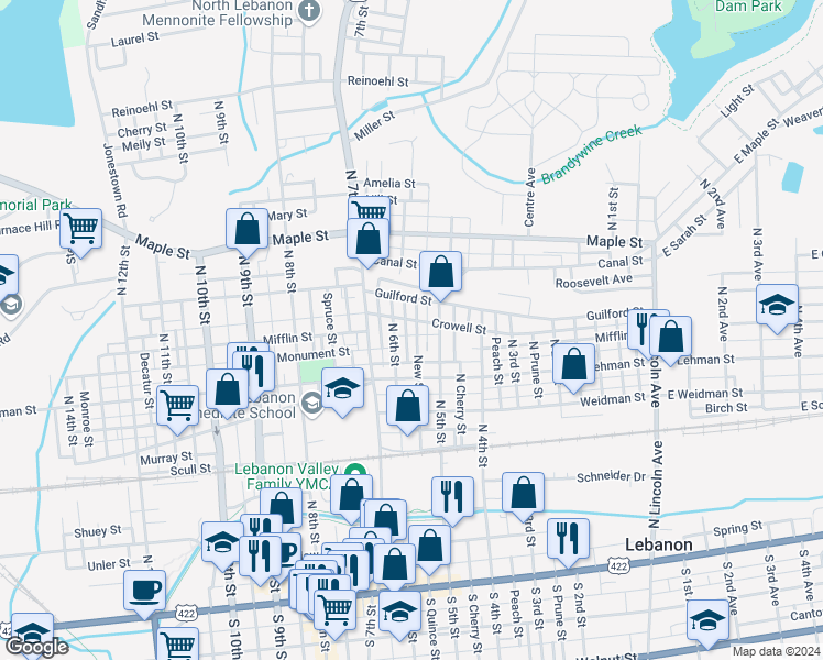 map of restaurants, bars, coffee shops, grocery stores, and more near 446 New Street in Lebanon