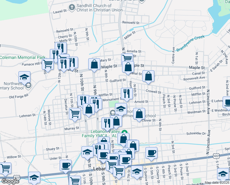 map of restaurants, bars, coffee shops, grocery stores, and more near 426 North 8th Street in Lebanon
