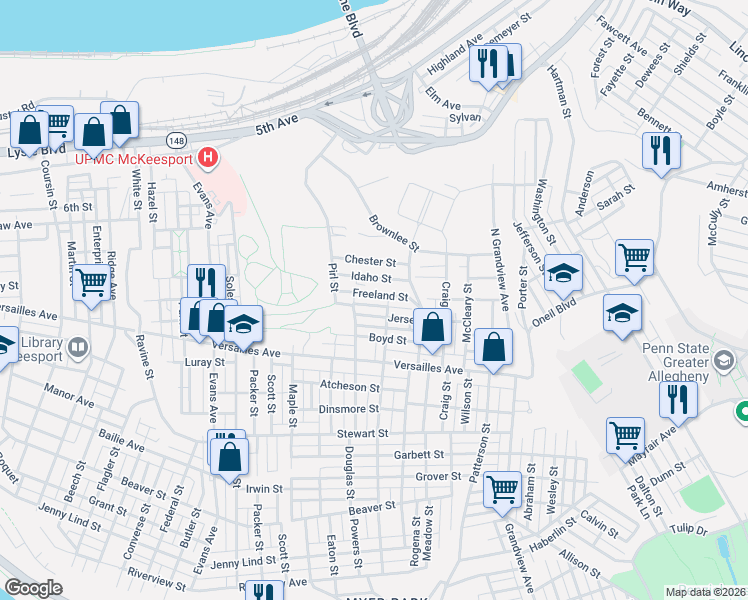 map of restaurants, bars, coffee shops, grocery stores, and more near 2923 Jersey Street in McKeesport