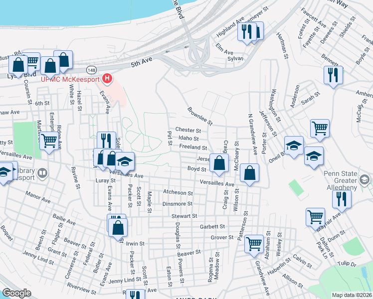 map of restaurants, bars, coffee shops, grocery stores, and more near 1026 Pirl Street in McKeesport