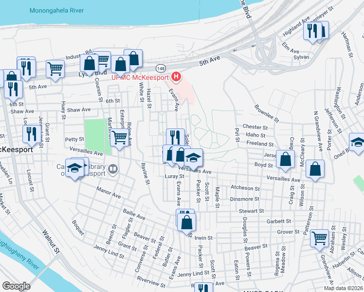 map of restaurants, bars, coffee shops, grocery stores, and more near 1006 Evans Avenue in McKeesport
