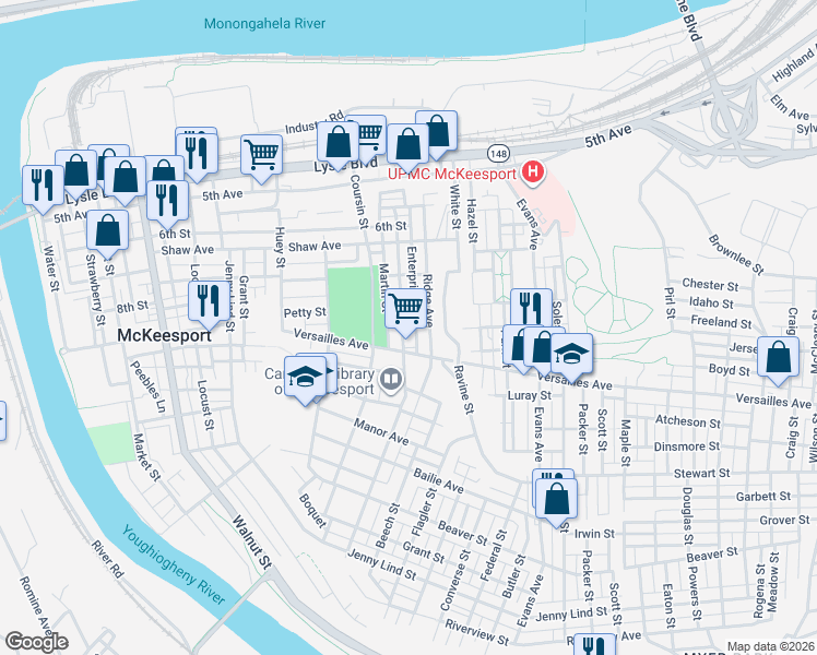 map of restaurants, bars, coffee shops, grocery stores, and more near in McKeesport