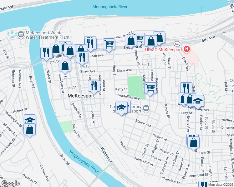 map of restaurants, bars, coffee shops, grocery stores, and more near 626 Versailles Avenue in McKeesport