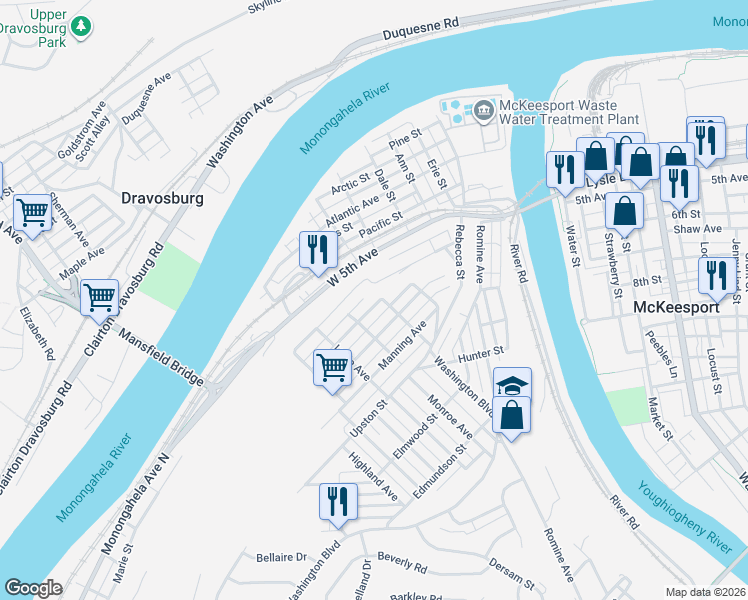 map of restaurants, bars, coffee shops, grocery stores, and more near 501 Reynolds Street in McKeesport