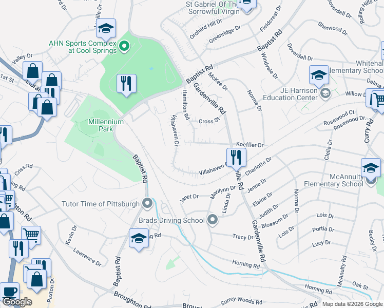 map of restaurants, bars, coffee shops, grocery stores, and more near 5691 Villahaven Drive in Pittsburgh