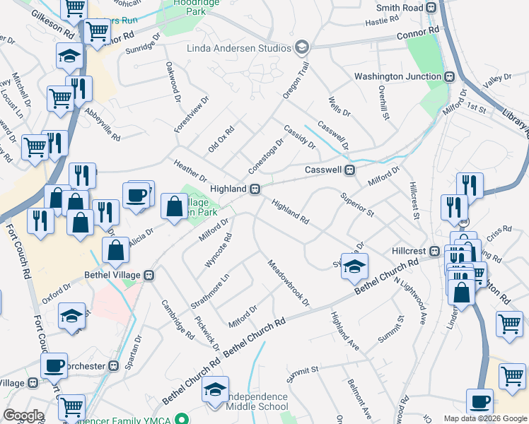 map of restaurants, bars, coffee shops, grocery stores, and more near 2524 Milford Drive in Bethel Park