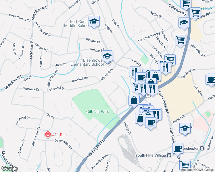 map of restaurants, bars, coffee shops, grocery stores, and more near 192 Springmeadow Drive in Pittsburgh