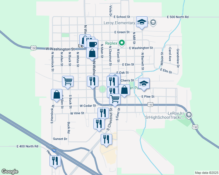 map of restaurants, bars, coffee shops, grocery stores, and more near in Le Roy