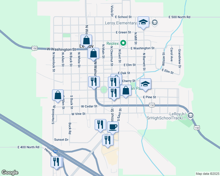 map of restaurants, bars, coffee shops, grocery stores, and more near in Le Roy