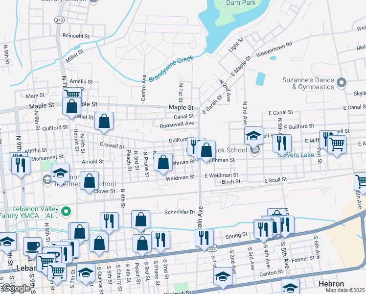 map of restaurants, bars, coffee shops, grocery stores, and more near 35 Mifflin Street in Lebanon