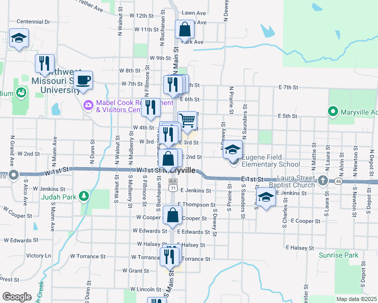 map of restaurants, bars, coffee shops, grocery stores, and more near 205 North Market Street in Maryville