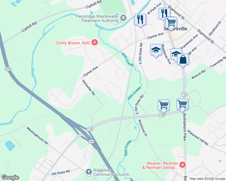 map of restaurants, bars, coffee shops, grocery stores, and more near 34 Komen Court in Sellersville