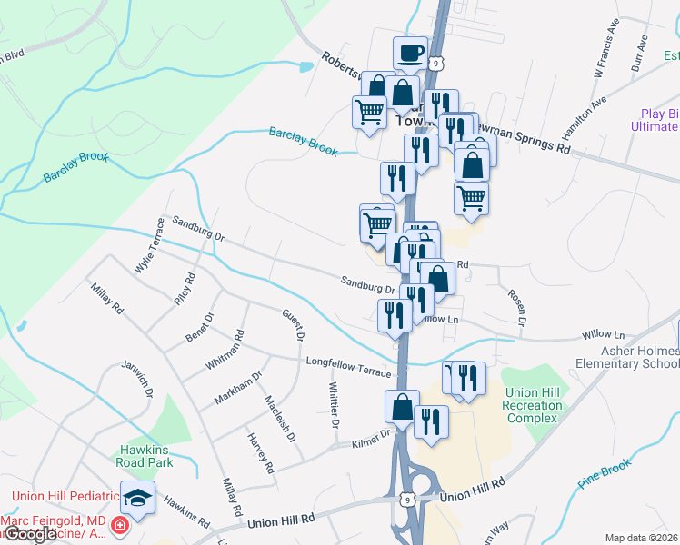 map of restaurants, bars, coffee shops, grocery stores, and more near 12 Sandburg Drive in Marlboro Township