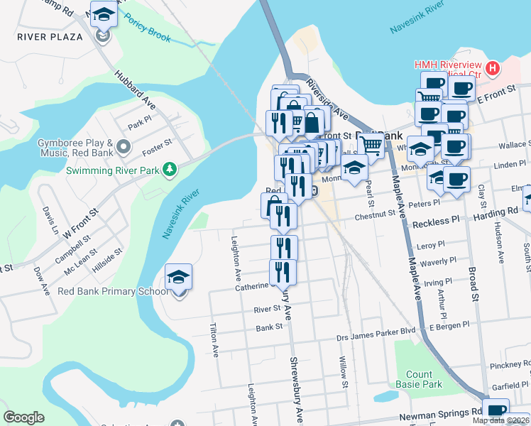 map of restaurants, bars, coffee shops, grocery stores, and more near 24 Locust Avenue in Red Bank